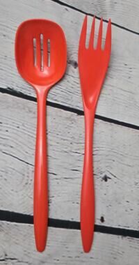Vintage Rosti Mepal Orange Melamine Serving Spoon and Fork MCM Utensils Denmark